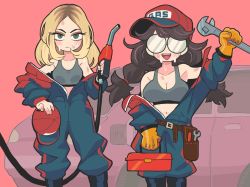Rule 34 | 2girls, black footwear, blonde hair, blush, bodysuit, boots, breasts, brown hair, cap, cleavage, employee uniform, english text, gashi-gashi, gasoline pump, gloves, goggles, green eyes, large breasts, long hair, multiple girls, no nose, open bodysuit, open clothes, orange gloves, original, pink background, round eyewear, simple background, sports bra, sweat, tongue, toolbox, twintails, uniform, very long hair