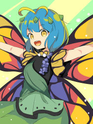 Rule 34 | 1girl, antennae, aqua hair, butterfly wings, dress, eternity larva, fairy, green dress, hair between eyes, harakune (mugennero), highres, insect wings, leaf, leaf on head, multicolored clothes, multicolored dress, open mouth, outstretched arms, round teeth, short hair, short sleeves, single strap, smile, solo, spread arms, teeth, touhou, upper body, upper teeth only, wings, yellow eyes