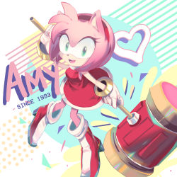 Rule 34 | 1993, 1girl, amy rose, boots, dress, furry, furry female, gloves, hammer, hedgehog, hedgehog ears, highres, open mouth, pink fur, red dress, red footwear, skizze, solo, sonic (series)