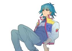Rule 34 | 1boy, blue hair, blue shirt, bruno (yu-gi-oh!), denim, expressionless, grey eyes, high collar, highres, invisible chair, jacket, jeans, leaning, leaning back, looking up, male focus, open clothes, open jacket, pants, pocket, shirt, shoes, short hair, simple background, sitting, sleeves rolled up, solo, white background, youko-shima, yu-gi-oh!, yu-gi-oh! 5d&#039;s