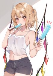 Rule 34 | 1girl, absurdres, artist name, black shorts, blonde hair, blush, breasts, camisole, casual, collarbone, crystal, dolphin shorts, eating, flandre scarlet, food, food in mouth, gluteal fold, haruki (colorful macaron), highres, holding, holding food, holding popsicle, ice cream, long hair, looking at viewer, midriff, navel, one side up, orange eyes, popsicle, popsicle in mouth, popsicle stick, short shorts, shorts, side ponytail, small breasts, solo, sweat, touhou, white camisole, wings