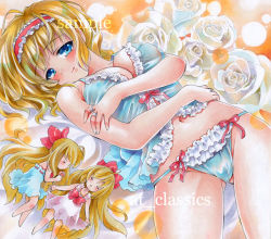 Rule 34 | 1girl, alice margatroid, at classics, bare shoulders, blonde hair, blue eyes, blue panties, blush, bow, breasts, cleavage, female focus, flower, hair bow, hairband, lingerie, long hair, looking at viewer, lying, navel, negligee, on back, on side, panties, rose, sample watermark, shanghai doll, short hair, sleeping, smile, solo, touhou, traditional media, underwear, underwear only, watermark, white flower, white rose