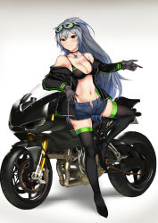 Rule 34 | 1girl, absurdres, aek-999 (girls&#039; frontline), bare shoulders, bikini, bikini top only, black bikini, black footwear, black gloves, black jacket, black thighhighs, breasts, choker, cleavage, collarbone, denim, denim shorts, female pubic hair, full body, girls&#039; frontline, gloves, goggles, goggles on head, gradient background, grey hair, groin, high heels, highres, jacket, jewelry, large breasts, long hair, long sleeves, looking at viewer, molyb, motor vehicle, motorcycle, navel, necklace, no panties, off shoulder, open clothes, open fly, open jacket, parted lips, ponytail, pubic hair, shadow, shoes, short shorts, shorts, smile, solo, stomach, swimsuit, thighhighs, very long hair, yellow eyes