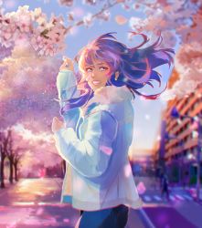 Rule 34 | 1girl, absurdres, ahoge, arm up, blue eyes, blue hair, blue jacket, blurry, blurry background, blush, building, cherry blossoms, city, commentary, commission, denim, evening, everlasting summer, flower, from side, fur trim, highres, huge filesize, jacket, jeans, long hair, long sleeves, looking at viewer, pants, parted lips, petals, road, samantha reed smith, smile, solo focus, standing, street, tree, upper body, wind, wskiey