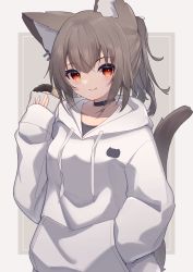 Rule 34 | 1girl, absurdres, animal ears, black choker, black shirt, blush, breasts, brown hair, cat ears, cat girl, cat tail, choker, closed mouth, collarbone, doughnut, drawstring, ear piercing, food, grey background, hair between eyes, hand in pocket, hand up, highres, hinata (user rjkt4745), holding, holding food, hood, hood down, hoodie, long hair, long sleeves, looking at viewer, original, piercing, ponytail, puffy long sleeves, puffy sleeves, red eyes, shirt, sleeves past wrists, small breasts, smile, solo, tail, tail raised, upper body, white hoodie