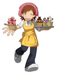 Rule 34 | + +, 1girl, apron, blue eyes, brown hair, collared shirt, commentary, cooking mama, cupcake, english commentary, food, fruit, full body, head scarf, highres, holding, holding food, holding tray, looking at viewer, mama (cooking mama), one eye closed, open mouth, pants, shirt, shoes, smile, sneakers, solo, strawberry, tafrnout, tenugui, tray