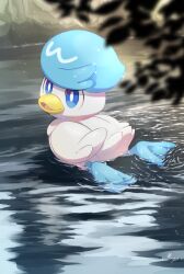 Rule 34 | afloat, animal focus, artist name, beak, bird, blue eyes, blurry, blurry foreground, branch, bright pupils, commentary request, creatures (company), day, depth of field, duck, full body, game freak, highres, looking at viewer, looking back, nintendo, no humans, nullma, open mouth, outdoors, pokemon, pokemon (creature), quaxly, rock, signature, smile, solo, water, wet, white pupils