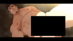 Rule 34 | 1boy, bar censor, bara, breath, censored, completely nude, crotch, day, facial hair, feet out of frame, full body, glasses, goatee, highres, male focus, mature male, nude, original, oro9, paid reward available, round eyewear, short hair, sideburns, solo, standing, stubble, sunlight, sweat, thick eyebrows