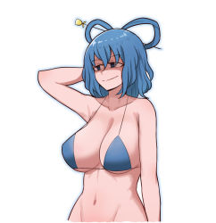 Rule 34 | 1girl, arm up, bikini, bikini top only, blue eyes, blue hair, blue outline, breasts, cleavage, collarbone, commentary, english commentary, groin, hair ornament, hair rings, hair stick, highres, kaku seiga, large breasts, mata (matasoup), navel, outline, shaded face, simple background, smile, smirk, solo, split mouth, swimsuit, touhou, upper body, white background