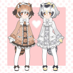 Rule 34 | 10s, 2girls, adapted costume, bird tail, bow, footwear bow, bowtie, brown coat, brown eyes, brown hair, closed mouth, coat, commentary request, eurasian eagle owl (kemono friends), footwear bow, frilled sleeves, frills, full body, grey hair, heart, kemono friends, long sleeves, looking at viewer, multicolored hair, multiple girls, northern white-faced owl (kemono friends), orange eyes, pantyhose, plaid, shoes, simple background, tail, white coat, white hair, white legwear, white neckwear, yukiko haotome