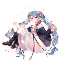 Rule 34 | 1girl, absurdres, alternate costume, artist name, black jacket, blue hair, dress, frilled dress, frilled jacket, frills, grey eyes, hair ornament, hatsune miku, highres, jacket, knees up, crossed legs, looking at viewer, seol q, sitting, solo, star (symbol), star hair ornament, twintails, vocaloid, white background