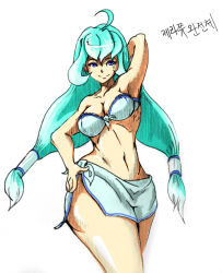 Rule 34 | 1girl, ahoge, alternate hairstyle, aqua hair, arm up, armpits, bare shoulders, bikini, blue eyes, breasts, bunching hair, cleavage, curvy, front-tie bikini top, front-tie top, gender request, genderswap, hair tubes, hand on own hip, highres, korean text, league of legends, long hair, low-tied long hair, navel, sarong, shorts, side slit, simple background, smile, smirk, solo, sona (league of legends), swimsuit, thighs, traditional media, trombe, twintails, white background, wide hips, xerath