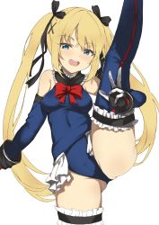 Rule 34 | 1girl, absurdres, bare shoulders, black ribbon, blonde hair, blue eyes, blue one-piece swimsuit, blue thighhighs, blush, breasts, cameltoe, covered navel, dead or alive, elbow gloves, frills, gloves, hair ornament, highres, holding legs, leg up, leotard, looking at viewer, marie rose, nametake (nekoyasya12172), one-piece swimsuit, open mouth, red ribbon, ribbon, simple background, small breasts, smile, solo, swimsuit, thighhighs, twintails, v, white background, x hair ornament