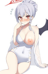 Rule 34 | 1girl, @ @, blue archive, blush, braid, breasts, cleavage, commentary request, covered navel, demon wings, flying sweatdrops, grey hair, hair bun, halo, hand on own face, haruna (blue archive), haruna (swimsuit) (blue archive), highres, looking at viewer, medium breasts, nipples, official alternate costume, one-piece swimsuit, one breast out, red eyes, red nails, sasai nakoto, single braid, single hair bun, smile, solo, swimsuit, white one-piece swimsuit, wings
