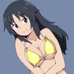 Rule 34 | 1girl, bikini, blue background, blue eyes, blue hair, breasts, cleavage, commentary, dutch angle, freckles, girls und panzer, highres, long hair, looking at viewer, medium breasts, onsen tamago (hs egg), open mouth, simple background, smile, solo, string bikini, swimsuit, upper body, yamagou ayumi, yellow bikini