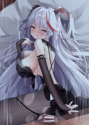 1boy 1girl aegir_(azur_lane) alternate_costume azur_lane backless_dress backless_outfit bar_censor bare_shoulders bareback black_dress black_gloves breasts bridal_gauntlets censored dress fine_fabric_emphasis gloves hair_on_horn hetero large_breasts long_hair looking_at_viewer lying madotsukumo male_pubic_hair motion_lines multicolored_hair on_side penis pubic_hair red_hair sex two-tone_hair vaginal very_long_hair white_hair yellow_eyes