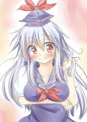 Rule 34 | 1girl, absurdres, blue dress, blue hair, blush, breast hold, breast lift, breasts, collarbone, dress, twirling hair, hand in own hair, hat, highres, kamishirasawa keine, kuzumomo, large breasts, long hair, looking at viewer, neckerchief, red eyes, silver hair, smile, solo, touhou, upper body, very long hair, wavy mouth