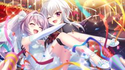 2girls ;d ascot balcony birthday black_cape black_gloves blurry blurry_foreground blush bridal_veil cape carrying closed_eyes confetti dot_nose dress elbow_gloves fang film_grain flower footwear_flower game_cg gloves grey_hair hair_intakes heart high_heels ichijou_ruka indoors izumi_tsubasu lens_flare long_hair misaki_sango multiple_girls non-web_source official_art one_eye_closed open_mouth party_popper pov pov_hands princess_carry pumps purple_hair railing re:stage! red_ascot rose shoes short_hair_with_long_locks smile sparkle streamers torn_cape torn_clothes twintails veil wedding_dress white_dress white_flower white_footwear white_gloves white_rose