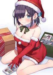Rule 34 | 1girl, absurdres, barefoot, black hair, blue eyes, blush, book, box, breasts, cleavage, closed mouth, commentary request, elbow gloves, gift, gift box, gloves, green neckwear, green ribbon, hair over one eye, hat, highres, large breasts, legs, looking at viewer, novel (object), original, red gloves, red hat, ribbon, santa hat, short hair, sitting, solo, yukiyama momo
