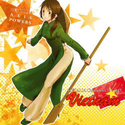Rule 34 | 1girl, axis powers hetalia, blush, brown eyes, brown hair, china dress, chinese clothes, dress, green dress, hat, looking at viewer, paddle, pants, simple background, solo, standing, vietnam (hetalia), vietnamese dress, white background