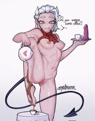 Rule 34 | 1girl, breasts, cup, demon, demon girl, demon horns, demon tail, dildo, feet, grey eyes, helltaker, highres, holding, holding plate, horns, justice (helltaker), looking at viewer, medium breasts, navel, nipples, pellmenn, plate, pussy, pussy juice, sex toy, sweat, tail, white background, white hair, white horns