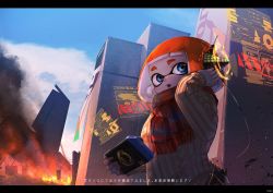 Rule 34 | 1girl, aran sweater, artist name, bad id, bad twitter id, banner, blue eyes, blue sky, blunt bangs, brown sweater, building, cable, cable knit, cloud, crash, day, destruction, fire, fringe trim, handheld game console, headset, highres, holding, holographic interface, inkling, inkling girl, inkling player character, kashu (hizake), letterboxed, long sleeves, looking away, medium hair, monster girl, nintendo, nintendo switch, open mouth, orange hair, outdoors, red scarf, scarf, scenery, short eyebrows, sideways glance, sign, sky, skyscraper, smoke, solo, splatoon (series), splatoon 2, standing, sweatdrop, sweater, tentacle hair, thick eyebrows, translation request, warning sign