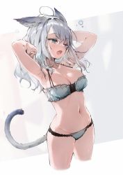 Rule 34 | 1girl, ;o, ahoge, animal ears, armpits, arms up, bare arms, bare shoulders, bra, breasts, cat ears, cat girl, cat tail, cleavage, collarbone, cropped legs, fang, grey bra, grey panties, groin, halterneck, halterneck, highres, lingerie, looking away, medium breasts, navel, one eye closed, open mouth, original, panties, solo, standing, stomach, string bra, tail, thighs, underwear, underwear only, white background, yatsuha (hachiyoh)