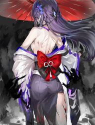 1girl acheron_(honkai:_star_rail) back back_bow bow chinese_commentary commentary_request evzeva feet_out_of_frame flower from_behind hair_flower hair_ornament highres holding holding_umbrella honkai:_star_rail honkai_(series) jacket long_hair off_shoulder parasol purple_flower purple_hair red_bow solo umbrella very_long_hair white_jacket