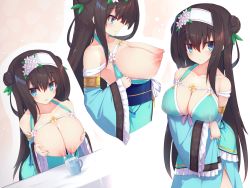 Rule 34 | 1girl, :/, blue dress, blue eyes, blush, breast milk, breasts, breasts out, brown hair, collarbone, covered erect nipples, cup, double bun, dress, frilled sleeves, frills, hair between eyes, hair bun, hairband, highres, lactating into container, lactation, large breasts, linne (sennen sensou aigis), long hair, long sleeves, looking at viewer, magatama, mug, multiple views, nipples, obi, parted lips, profile, sash, see-through, sennen sensou aigis, very long hair, wide sleeves, yki