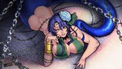Rule 34 | 1girl, ass, bad id, bad pixiv id, bangle, blue hair, bottomless, bracelet, breast press, breasts, chain, cleavage, fingernails, flower, hair flower, hair ornament, huge breasts, jewelry, jjune, lamia, lots of jewelry, lying, monster girl, nail polish, on stomach, original, purple nails, ring, scales, sharp fingernails, short hair, slit pupils, solo, yellow eyes