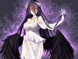 Rule 34 | 1girl, ahoge, albedo (overlord), armpits, bare shoulders, black hair, black wings, breasts, cleavage, cowboy shot, demon girl, demon horns, detached collar, dress, eeryuu (2004107), eyes visible through hair, feathered wings, gloves, highres, hip vent, horns, large breasts, long hair, looking at viewer, low wings, overlord (maruyama), parted lips, sideboob, smile, solo, strapless, strapless dress, very long hair, white dress, white gloves, wings, yellow eyes