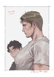 2boys akutsumi artist_name black_hair black_shirt brown_hair curly_hair facial_hair girl_staring_at_guy&#039;s_chest_(meme) goatee_stubble inset_border large_pectorals looking_at_pectorals male_focus meme multiple_boys original parted_bangs pectorals shirt simple_background stubble upper_body white_background white_shirt yaoi