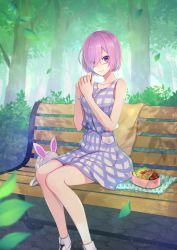 Rule 34 | 1girl, bad id, bad pixiv id, bench, bento, fate/grand order, fate (series), food, glasses, hair over one eye, highres, leaf, looking at viewer, machida 029, mash kyrielight, mash kyrielight (senpai killer outfit), official alternate costume, park bench, purple eyes, purple hair, sandwich, sandwiched, semi-rimless eyewear, smile, solo, tree