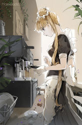Rule 34 | 1girl, alternate costume, apron, artist name, back bow, bandaid, bandaid on hand, bishoujo senshi sailor moon, black dress, blonde hair, blue eyes, bow, broken, closed mouth, coffee maker, commentary, cup, day, double bun, dress, enmaided, fingernails, fork, from side, gloves, hair bun, hair ornament, hair scrunchie, indoors, light particles, long hair, looking down, maid, marmaladica, mug, plant, plate, pocket, profile, puffy short sleeves, puffy sleeves, saucer, scrunchie, short sleeves, single glove, solo, spill, standing, teacup, tsukino usagi, twintails, very long hair, waist apron, white apron, white gloves