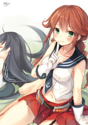 Rule 34 | 10s, 2girls, agano (kancolle), black hair, braid, breasts, brown hair, closed eyes, finger to mouth, gloves, green eyes, kantai collection, large breasts, long hair, looking at viewer, lying, miniskirt, multiple girls, navel, noshiro (kancolle), one-hour drawing challenge, pleated skirt, school uniform, serafuku, signature, simple background, sitting, sketch, skirt, sleeping, toosaka asagi, twin braids, white background, white gloves