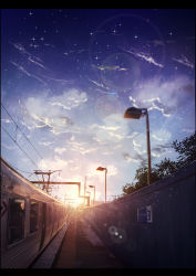 Rule 34 | blue sky, byakuya reki, cloud, no humans, original, railroad tracks, revision, scenery, sky, snow, sunlight, sunset, train