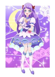 Rule 34 | 1girl, absurdres, blue eyes, boots, bow, breasts, choker, collarbone, cosplay, crescent, crescent earrings, cure selene, cure selene (cosplay), dress, earrings, full body, hair ornament, heart pouch, highres, jewelry, keijirou (mukunozaltusou), long hair, magical girl, precure, puffy sleeves, purple background, purple choker, purple dress, purple hair, short sleeves, small breasts, smile, solo, star color pendant, star twinkle precure, very long hair, white background