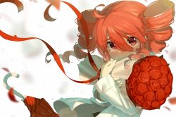 Rule 34 | 1girl, blurry, blurry background, blush, bouquet, commentary request, covered mouth, depth of field, drill hair, flower, hair between eyes, highres, jacket, kasane teto, long hair, long sleeves, looking at viewer, monosenbei, nose blush, hugging object, red eyes, red flower, red hair, red rose, rose, solo, tears, twin drills, twintails, utau, white jacket