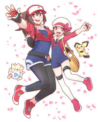 Rule 34 | 2girls, absurdres, bad id, bad pixiv id, baseball cap, black gloves, black leggings, blue overalls, bow, brown eyes, brown hair, cabbie hat, choker, collarbone, commentary request, creatures (company), cropped jacket, eyelashes, female protagonist (pokemon go), fingerless gloves, game freak, gen 2 pokemon, gloves, hat, hat bow, highres, holding, holding poke ball, jacket, leggings, long hair, lyra (pokemon), multiple girls, nintendo, open mouth, overalls, petals, pichu, poke ball, poke ball (basic), pokemon, pokemon (creature), pokemon go, pokemon hgss, pumpkinpan, red choker, red footwear, red jacket, shoes, smile, teeth, thighhighs, togepi, tongue, twintails, upper teeth only, white headwear, white legwear, yellow bag