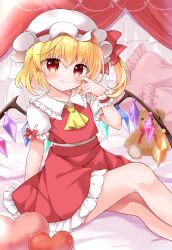 Rule 34 | 1girl, absurdres, blonde hair, collared shirt, flandre scarlet, frilled skirt, frills, hat, heart, highres, one side up, pillow, red eyes, red shirt, red skirt, shirt, skirt, solo, stuffed animal, stuffed toy, teddy bear, touhou, white hat, wings, wrist cuffs, yurufuwa milk