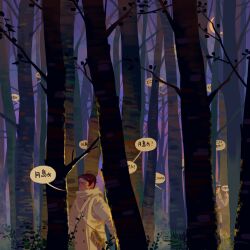 Rule 34 | 2boys, brown coat, brown eyes, brown hair, chengongzi123, coat, crescent moon, forest, golden kamuy, hands up, hat, highres, koito otonoshin, long sleeves, looking to the side, male focus, military hat, military uniform, moon, multiple boys, nature, night, night sky, open mouth, purple background, purple sky, short hair, sky, solo, speech bubble, standing, translation request, tree, tsukishima hajime, uniform, upper body, wide shot