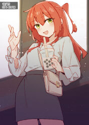 Rule 34 | 1girl, :d, black skirt, blue shirt, blush, bocchi the rock!, bubble tea, commentary, cup, drinking straw, english commentary, green eyes, gsusart, highres, holding, holding cup, kita ikuyo, long hair, long sleeves, looking at viewer, open mouth, red hair, shirt, skirt, smile, solo, standing, timestamp, white bag