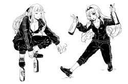 Rule 34 | 2girls, :o, absurdres, adidas, ak-12 (girls&#039; frontline), an-94 (girls&#039; frontline), black track suit, blush, bottle, breasts, cigarette, cleavage, closed eyes, collarbone, cyrillic, girls&#039; frontline, gopnik, greyscale, hair ornament, highres, hitch (perotoss), holding, holding bottle, large breasts, long hair, long sleeves, looking at viewer, medium breasts, monochrome, multiple girls, pants, partially unzipped, shirt, sidelocks, simple background, slav squatting, smile, smoke, smoking, squatting, striped clothes, striped shirt, sweatpants, telnyashka, track suit, v, white background