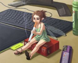 Rule 34 | 1girl, bottle, brown eyes, brown hair, chemise, cigarette, cigarette pack, drawing tablet, fairy, highres, insect wings, keyboard (computer), lighter, mini person, minigirl, nishimura (prism engine), original, pointy ears, ponytail, sandals, short hair, smoking, solo, wacom, wings