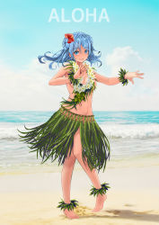 Rule 34 | 1girl, absurdres, bad id, bad pixiv id, barefoot, beach, blue eyes, blue hair, breasts, flower, flower necklace, gibun (sozoshu), grass skirt, hair flower, hair ornament, hibiscus, highres, hula, jewelry, kantai collection, lei, looking at viewer, medium breasts, navel, necklace, sand, solo, urakaze (kancolle), water