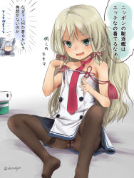 Rule 34 | 1girl, akino shuu, black pantyhose, blonde hair, blush, commentary request, cosplay, dress, grecale (kancolle), green eyes, hair ribbon, headgear, kantai collection, long hair, looking at viewer, murakumo (kancolle), murakumo (kancolle) (cosplay), necktie, panties, panties under pantyhose, pantyhose, partial commentary, red necktie, ribbon, sailor dress, school uniform, sidelocks, silver hair, sitting, smile, solo, solo focus, speech bubble, strapless, strapless dress, striped clothes, striped panties, translation request, tress ribbon, underwear