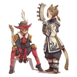 Rule 34 | 00s, 2girls, animal ears, armor, ascot, bad id, bad pixiv id, blonde hair, blue eyes, boots, branch (blackrabbits), brown hair, cat ears, cat girl, cat tail, circlet, feathers, final fantasy, final fantasy xi, hat, mithra (ff11), multiple girls, red mage (final fantasy), sitting, smile, tail, thighhighs, weapon