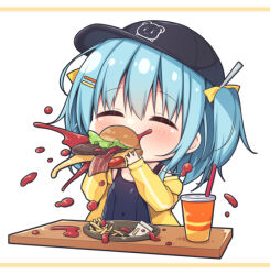 Rule 34 | 1girl, bacon, baseball cap, black hat, black one-piece swimsuit, blue hair, blush, bow, burger, burger malfunction, cheese, closed eyes, commentary request, covered navel, cup, disposable cup, drinking straw, food, french fries, hair between eyes, hair bow, hanamiya natsuka, hat, holding, holding food, jacket, ketchup, lettuce, long sleeves, off shoulder, one-piece swimsuit, open clothes, open jacket, original, puffy long sleeves, puffy sleeves, simple background, sleeves past wrists, solo, swimsuit, swimsuit under clothes, tomato, two side up, upper body, white background, yellow bow, yellow jacket