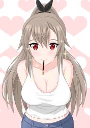 Rule 34 | 1girl, absurdres, arms behind back, bare shoulders, black ribbon, blue pants, blush, breasts, brown hair, casual, cleavage, closed mouth, collarbone, commentary, denim, english commentary, eydis (sao), eyelashes, food, food in mouth, hair between eyes, hair ribbon, heart, heart background, highres, jeans, large breasts, leaning forward, light smile, long hair, looking at viewer, master kyubey, midriff, mouth hold, pants, pocky, pocky day, pocky in mouth, ponytail, red eyes, ribbon, signature, sleeveless, solo, sparkle, standing, sword art online, tank top, white background, white tank top