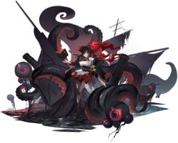 Rule 34 | 1girl, ankle boots, ascot, azur lane, bare shoulders, belt, book, boots, breasts, brown hair, cannon, corsair, floating, floating object, full body, hat, high heel boots, high heels, highres, hougu souji, jacket, large breasts, long hair, long sleeves, looking at viewer, octopus, off shoulder, official art, open book, open clothes, pantyhose, pirate, pirate hat, red eyes, royal fortune (azur lane), shiny clothes, ship, simple background, skirt, sword, tentacles, torn clothes, torn legwear, torn skirt, transparent background, water, watercraft, weapon